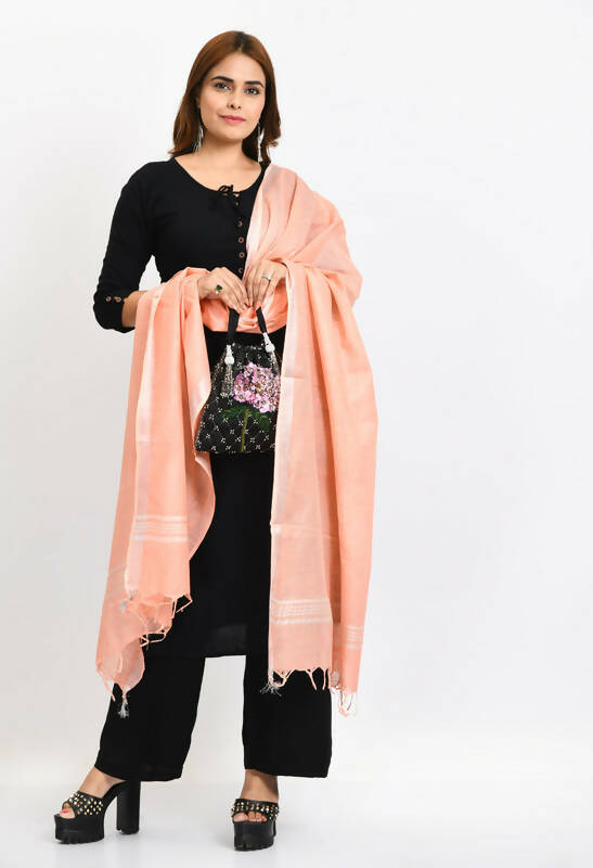 Mominos Fashion Moeza Women's Linen Cotton Silver Border Peach Dupatta - Distacart