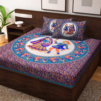 Thumbnail for Vamika Printed Daandiya Cotton Blue Bedsheet With Pillow Covers