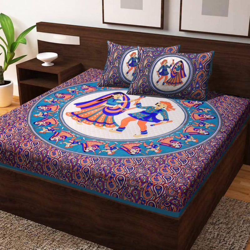 Vamika Printed Daandiya Cotton Blue Bedsheet With Pillow Covers