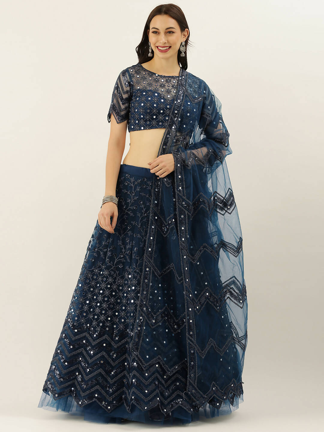 House of Panchhi Navy Blue Net Semi Stitched Coding, Sequins and Mirror work Lehenga Choli - Distacart