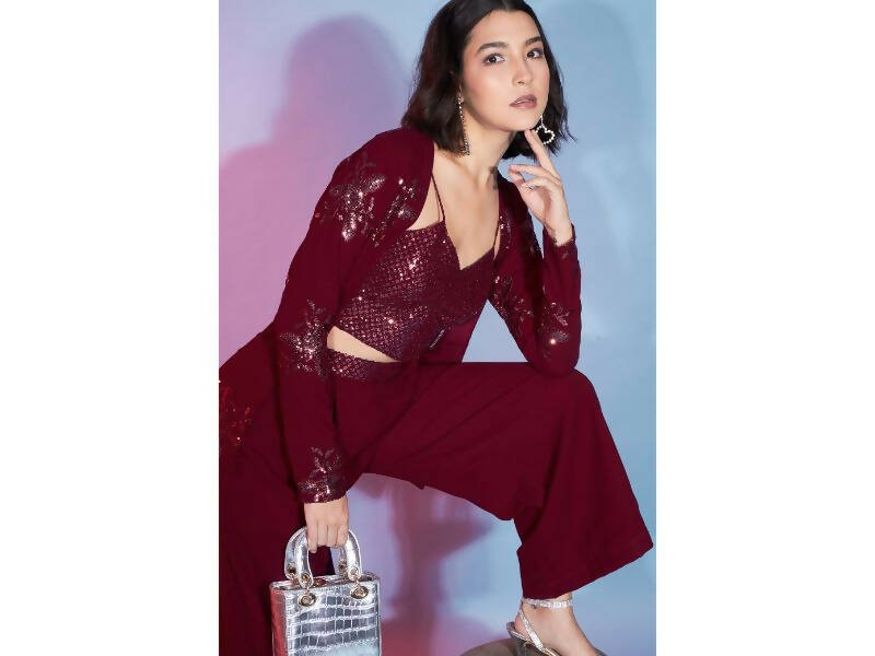 Red Georgette Sequence With Thread Designer Co-Ord Set - Flory - Distacart