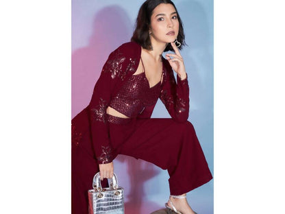 Red Georgette Sequence With Thread Designer Co-Ord Set - Flory - Distacart