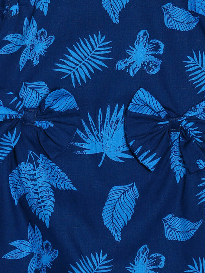 Manet Cotton Frill Bow Frock Leaf Printed - Blue - Distacart