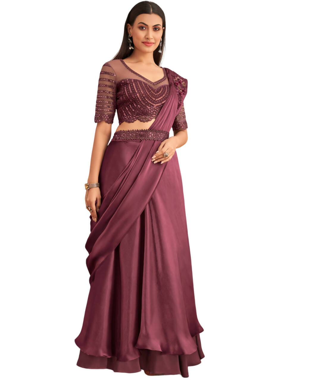 Wine Satin Embroidered Ready To Wear Saree With Unstitched Blouse Piece - Nandika - Distacart