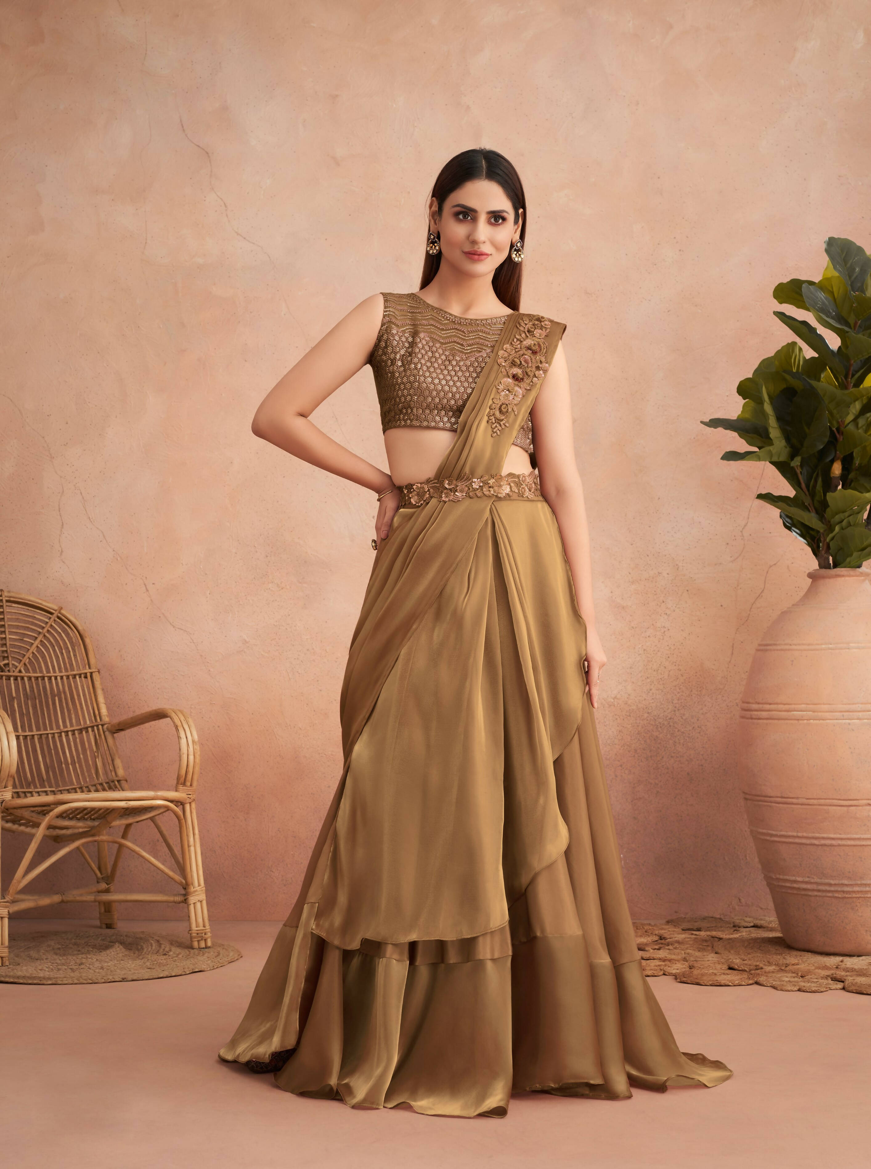 Beige Satin Embroidered Ready To Wear Saree With Unstitched Blouse Piece - Nandika - Distacart