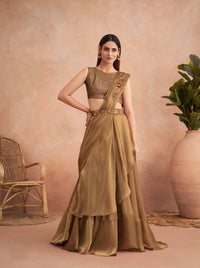 Thumbnail for Beige Satin Embroidered Ready To Wear Saree With Unstitched Blouse Piece - Nandika - Distacart