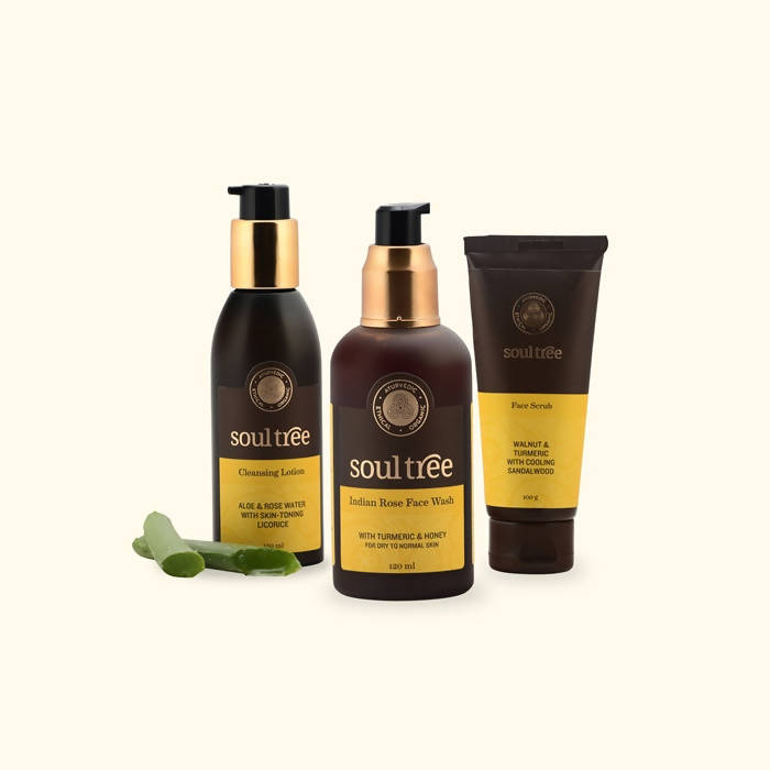 Soultree Cleansing Lotion, Indian Rose Face Wash &amp; Walnut And Turmeric Face Scrub Set