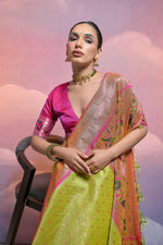 Thumbnail for Vishnu Weaves Women's Mahendi Paithani Silk Zari Woven Saree with Blouse - Distacart