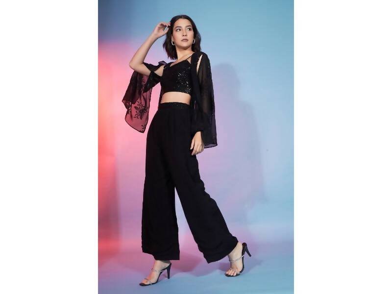 Black Georgette Sequence With Thread Designer Co-Ord Set - Flory - Distacart