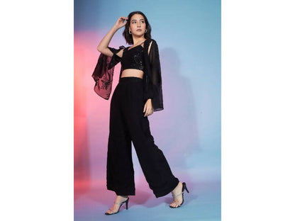 Black Georgette Sequence With Thread Designer Co-Ord Set - Flory - Distacart