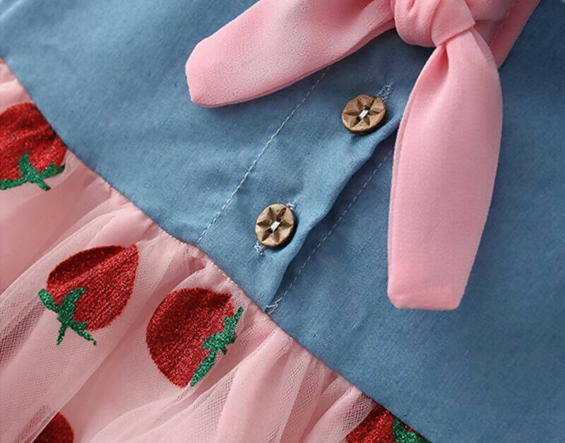 Bold N Elegant Cap Sleeve Denim Embroidered Midi Party Dress Frock with Hat Dress - Strawberry Pink - Distacart