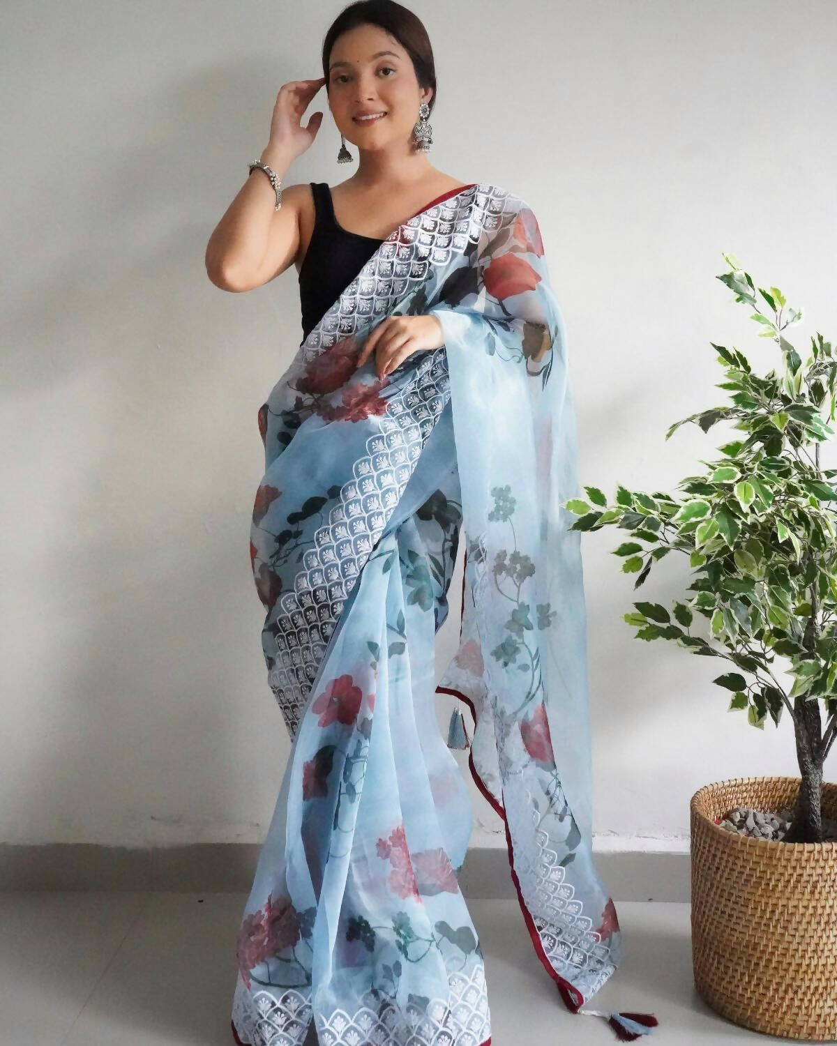 Vastrasky Sky Organza Saree - Distacart