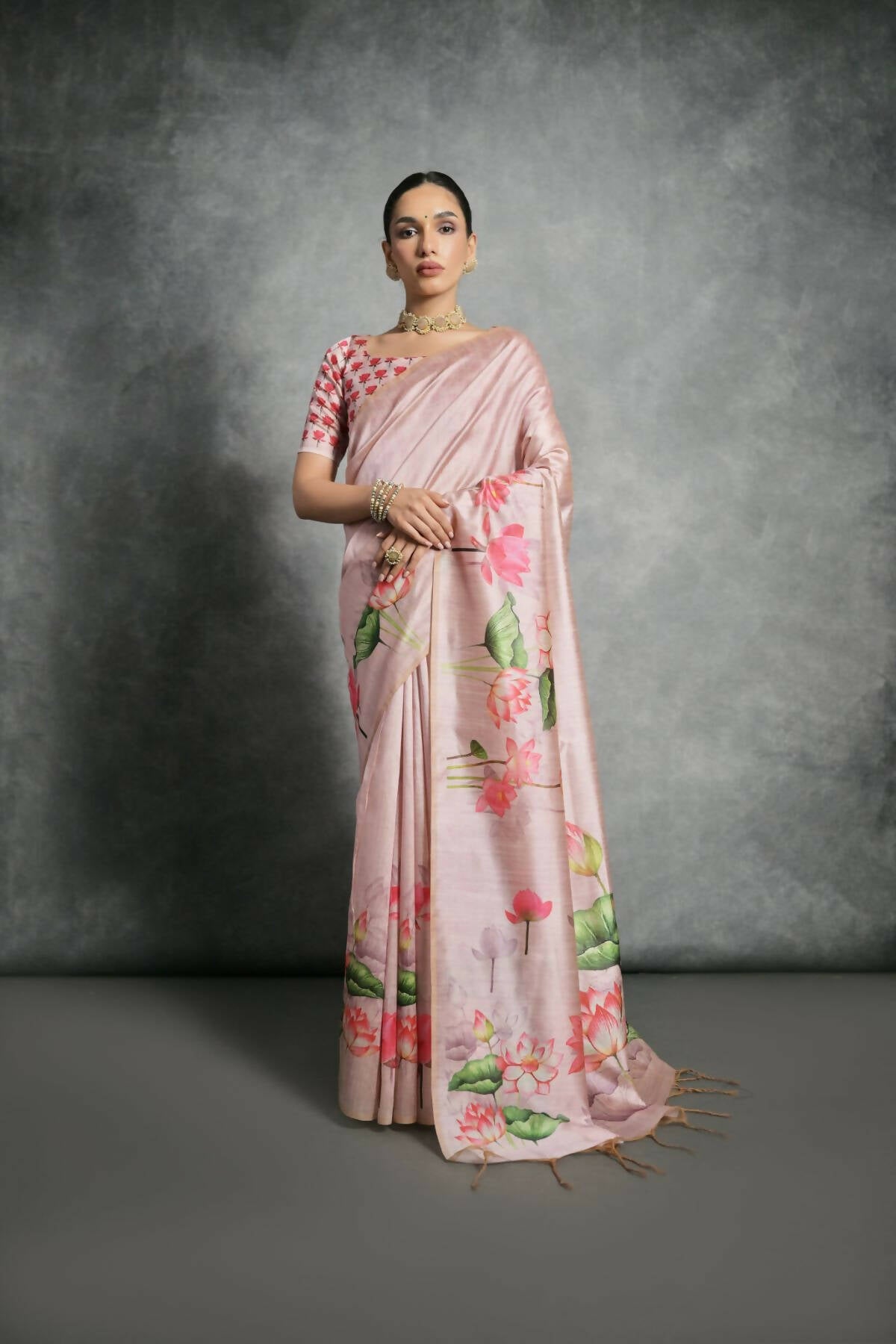 Vishnu Weaves Women's Pink Soft Tussar Silk Printed Saree with Blouse - Distacart