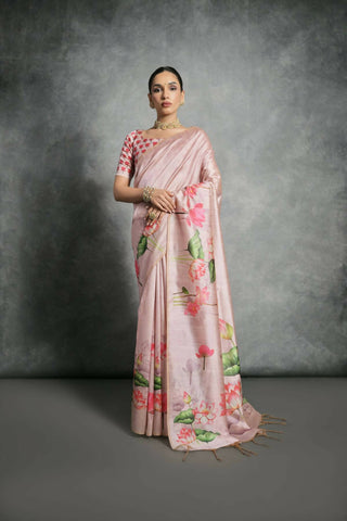 Vishnu Weaves Women's Pink Soft Tussar Silk Printed Saree with Blouse - Distacart