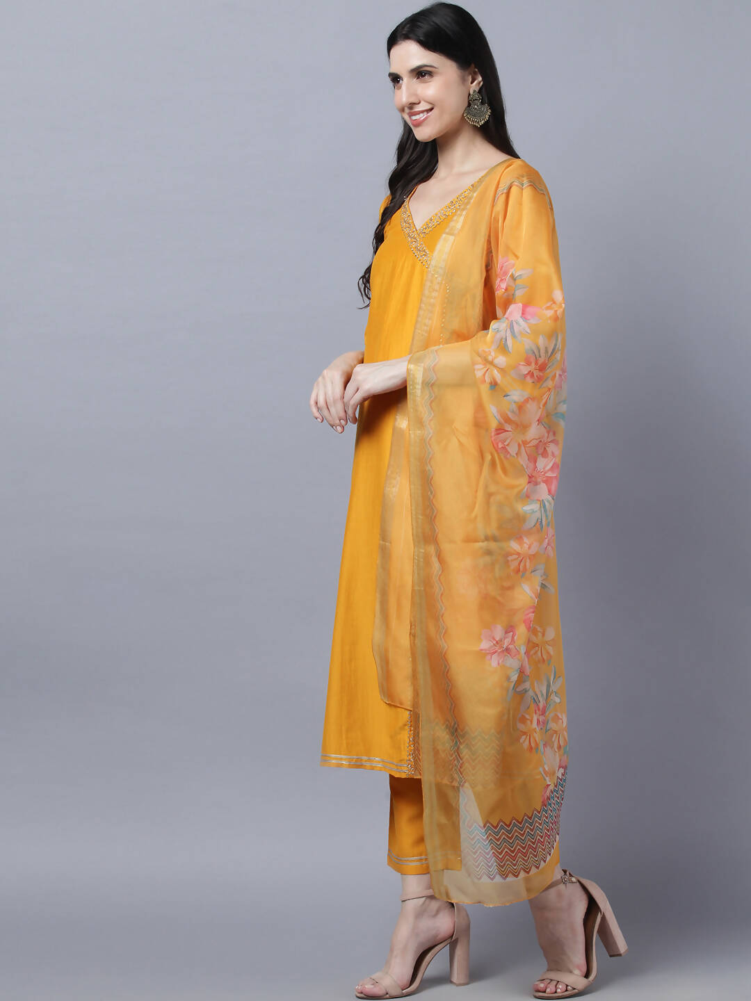 Myshka Stylish Mustard 3/4 Sleeve Women's Kurta Pant with Dupatta Set - Distacart