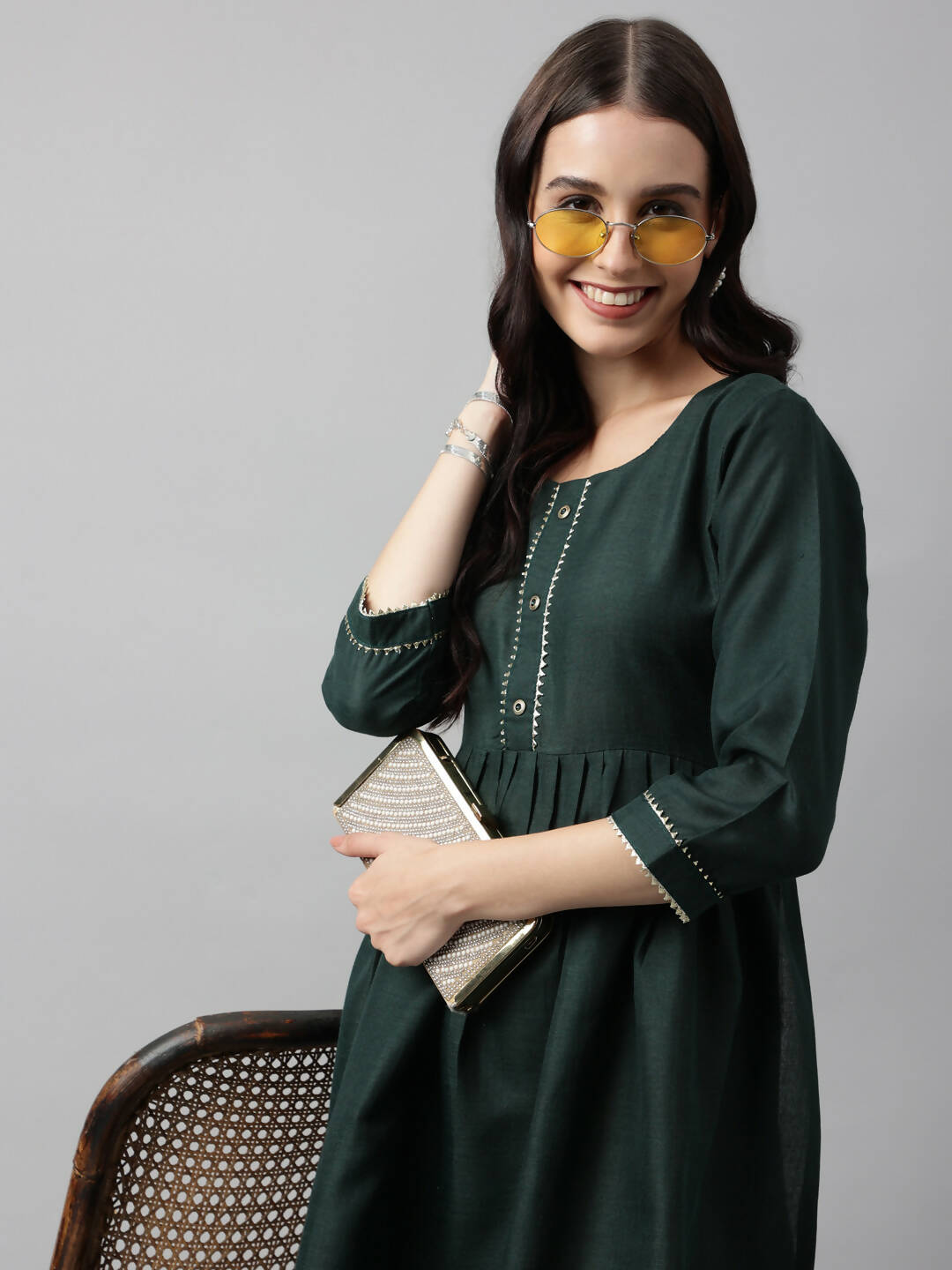 Green Poly Cotton Solid Nayra Cut Kurta - Tirtha - Distacart