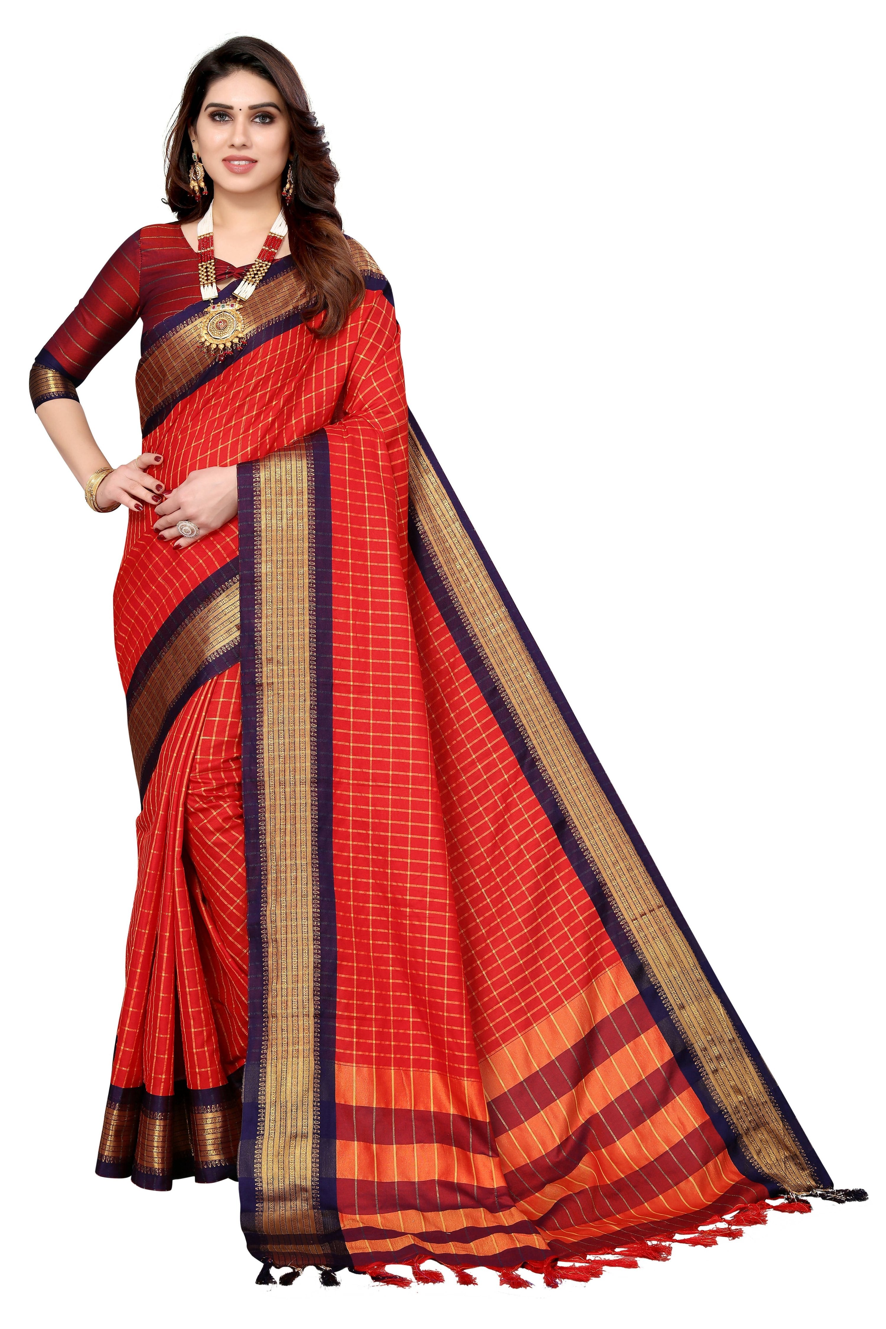 Vamika Weaving Red Cotton Silk Saree - Distacart