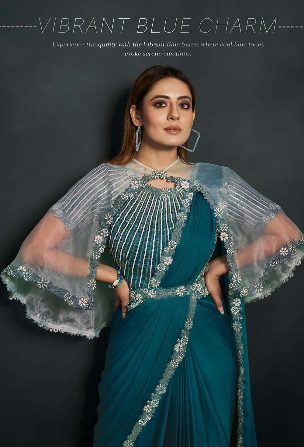 Blue Satin Silk Crepe Cord Sequence & Thread Embroidered & Stone Work Saree - Moh-Manthan Royal Enigma - Distacart