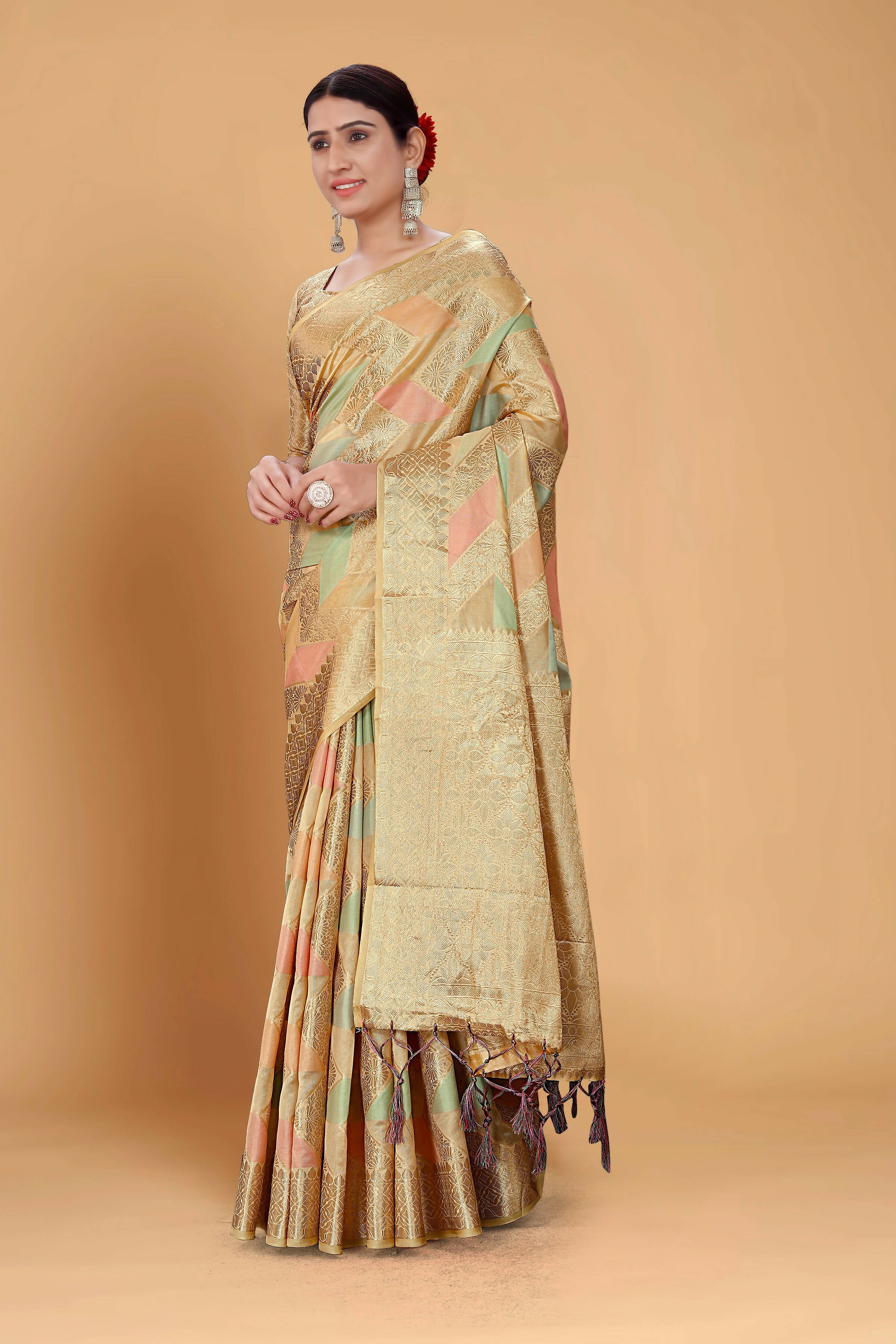 Beige Soft Organza Woven Design Saree With Unstitched Blouse Piece - Zaara - Distacart