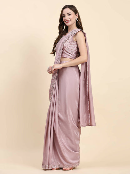 Pink Silk Satin Solid Ready to wear Saree with stitched Blouse - Satiksha - Distacart