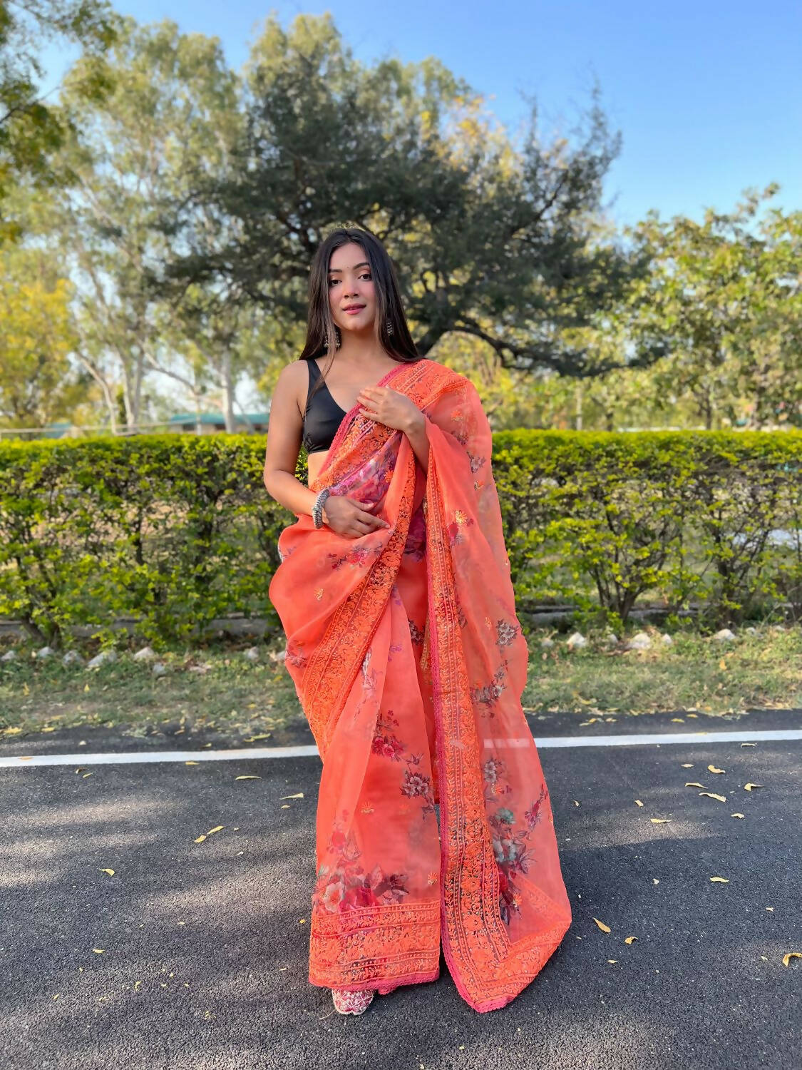 Vastrasky Orange Organza Saree - Distacart