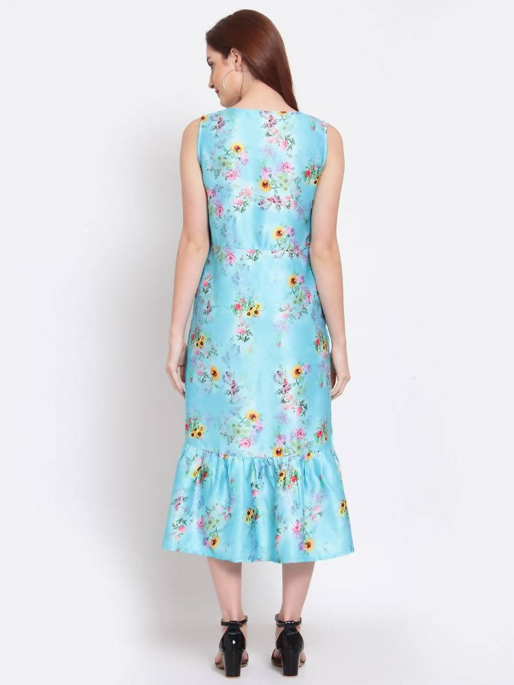 Myshka Women's Green Printed Cotton Blend Sleeveless Round Neck Casual Dress