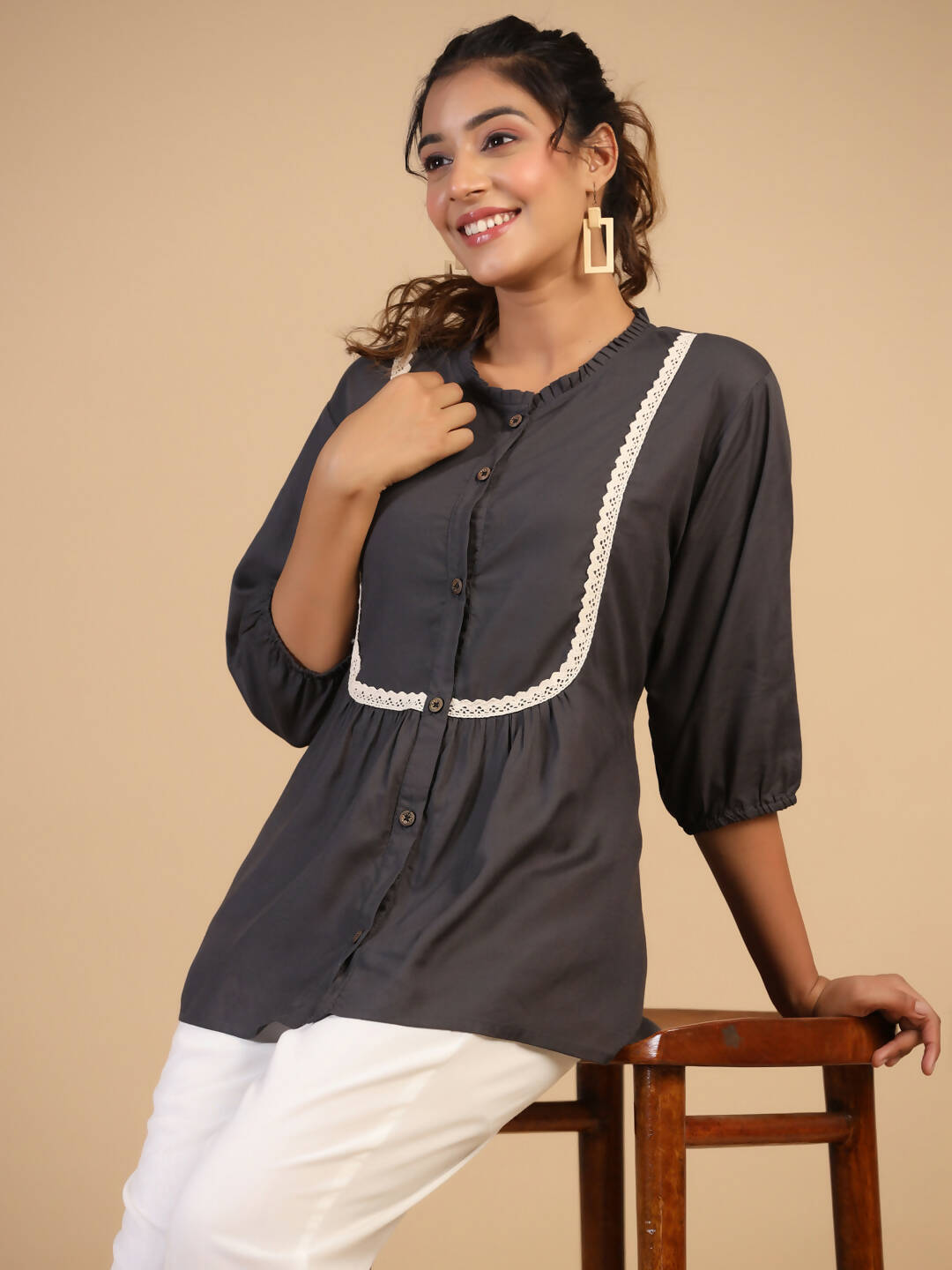 Womens Grey Rayon Solid Top - Keeva - Distacart