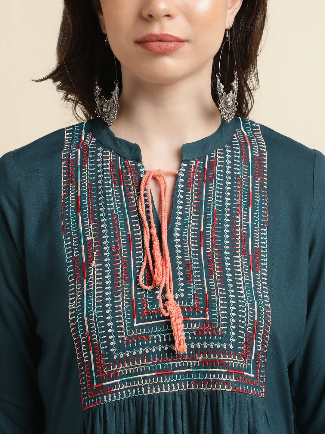 Teal Rayon Yoke Embroidered A-line Top - Tarini - Distacart
