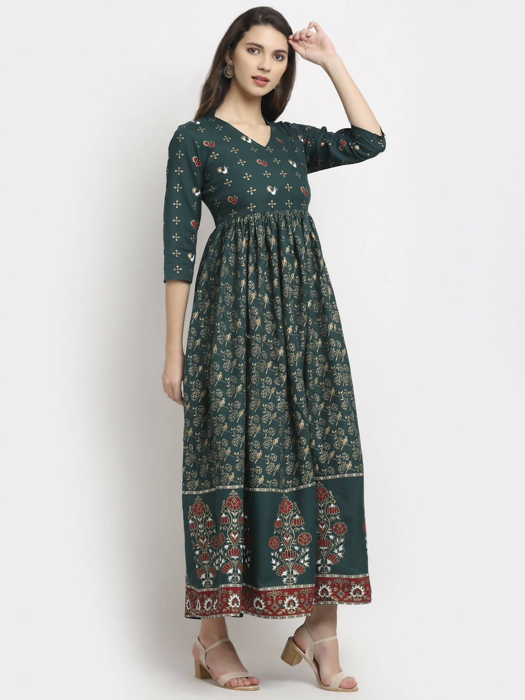 Rudra Bazaar Floral Printed A-Line Flared Green Kurti - Distacart