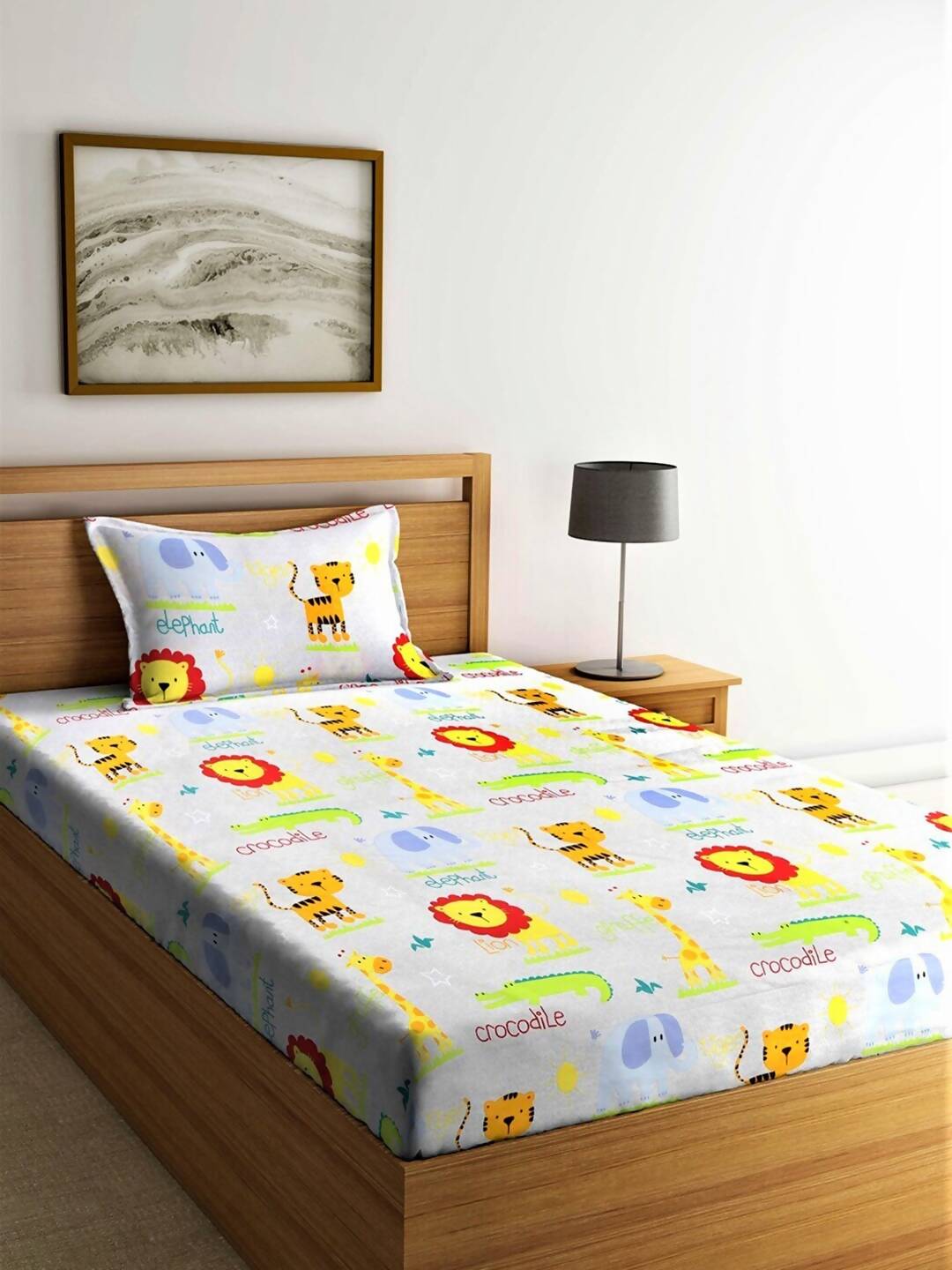 Home Sizzler White & Orange Cartoon Characters 210 TC Bedsheet with Pillow Covers - Distacart