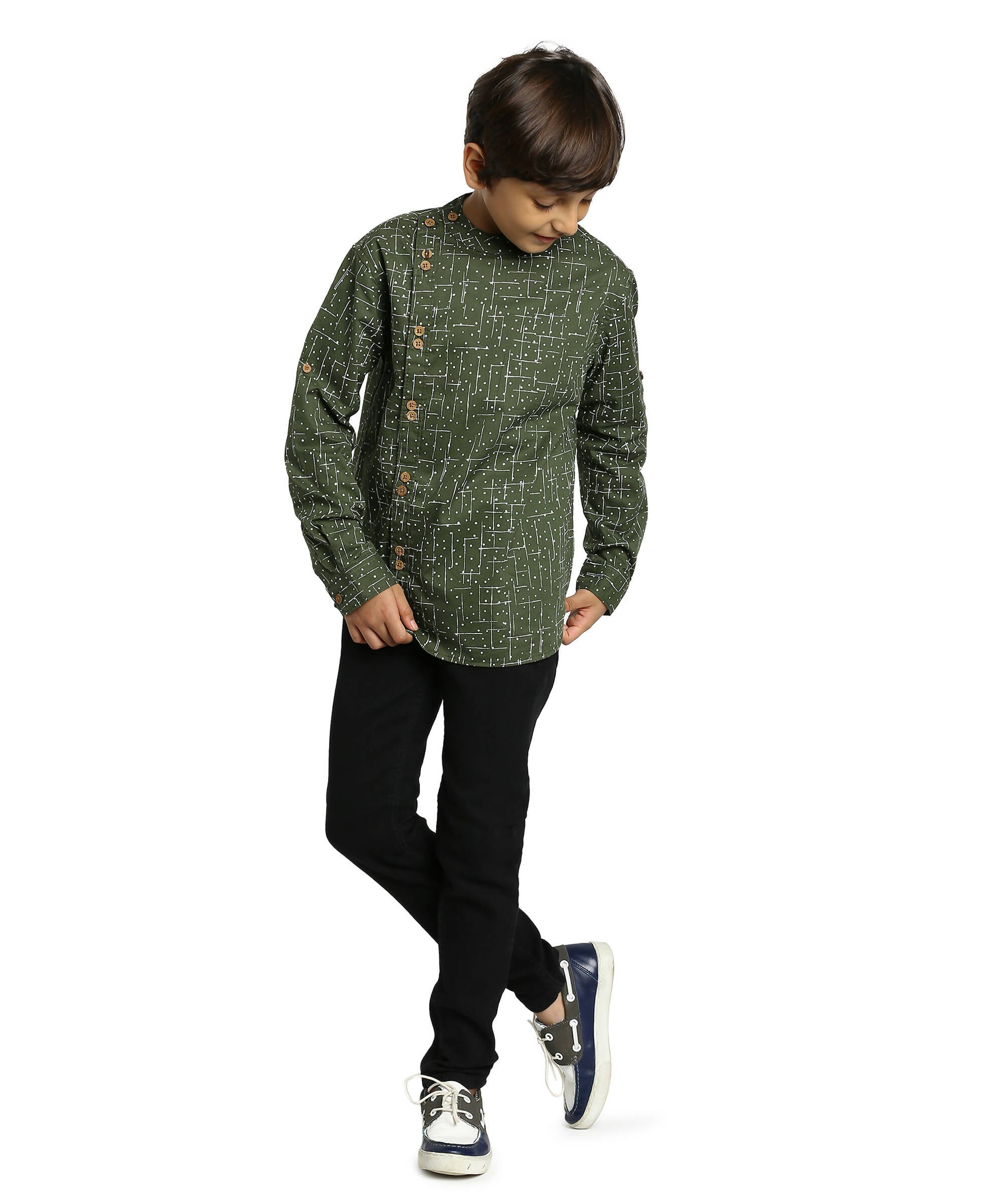 Manet Boys Full Sleeves Dot Printed Ethnic Shirt - Olive Green - Distacart