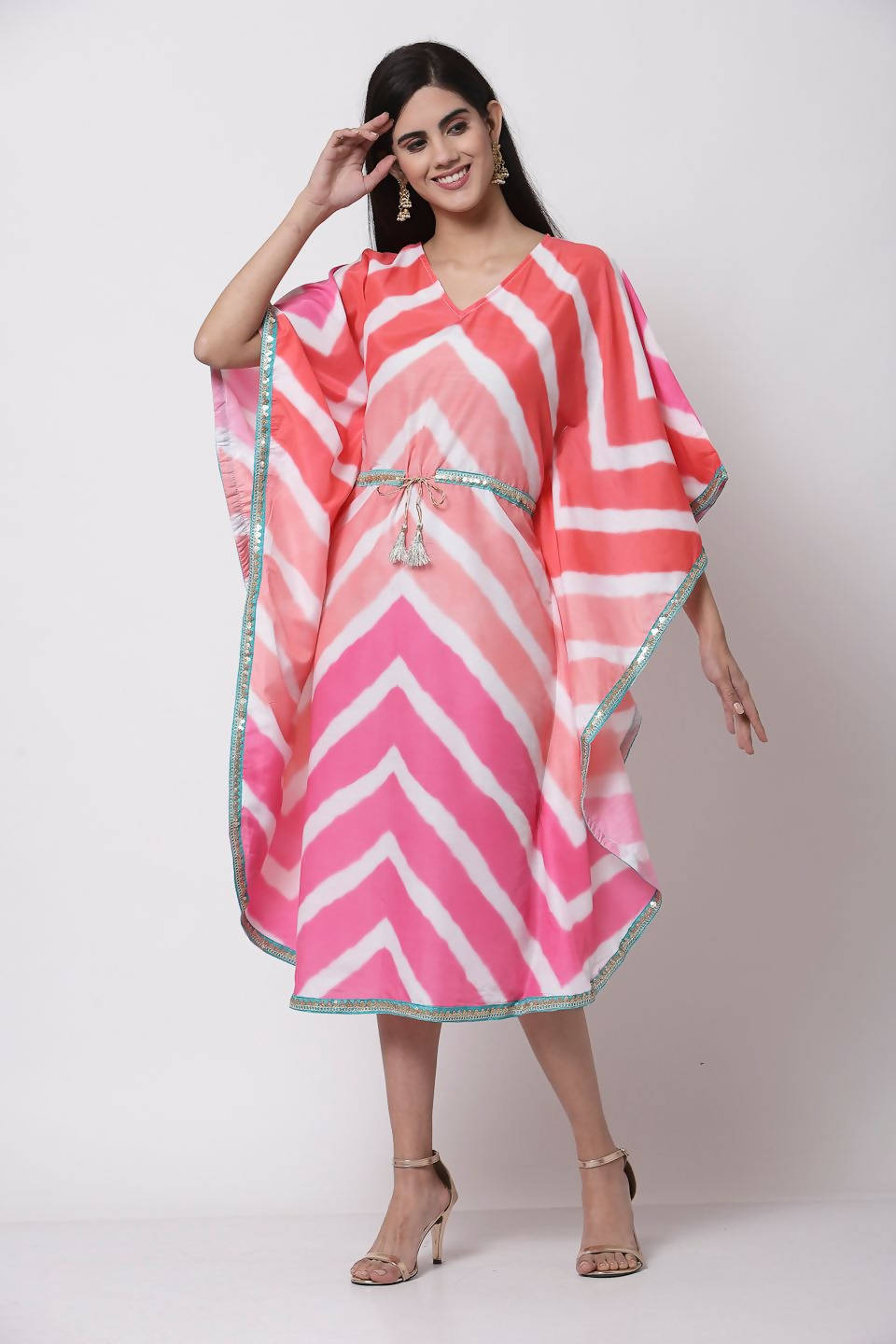 Myshka Women's Multi Polyester Printed Full Sleeve V Neck Casual Kaftaan