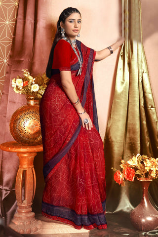 Red Chiffon Abstract Printed Saree With Unstitched Blouse Piece - Rajal - Distacart
