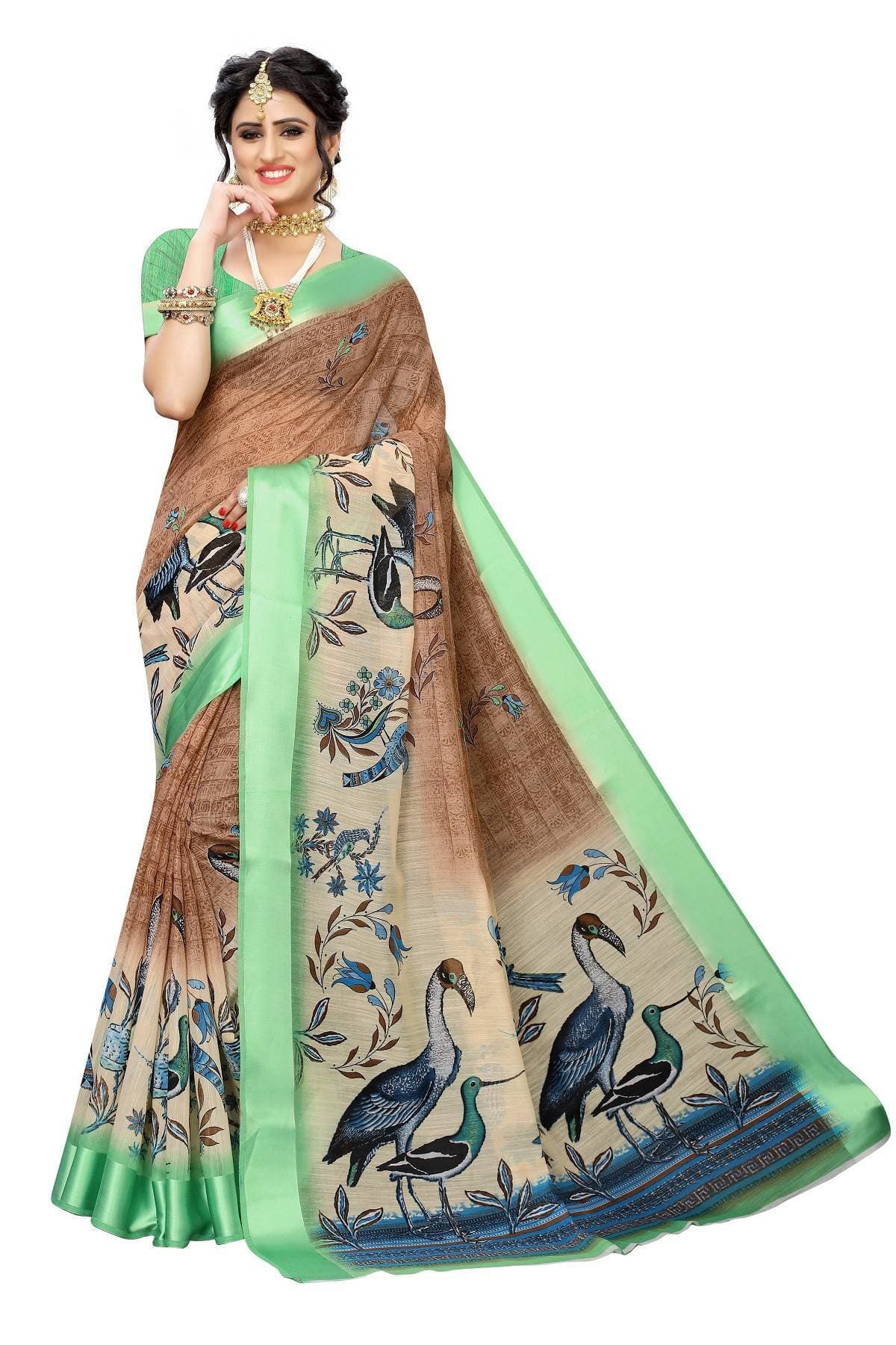 Vamika Green Linen Digital Print with Satin Border Saree