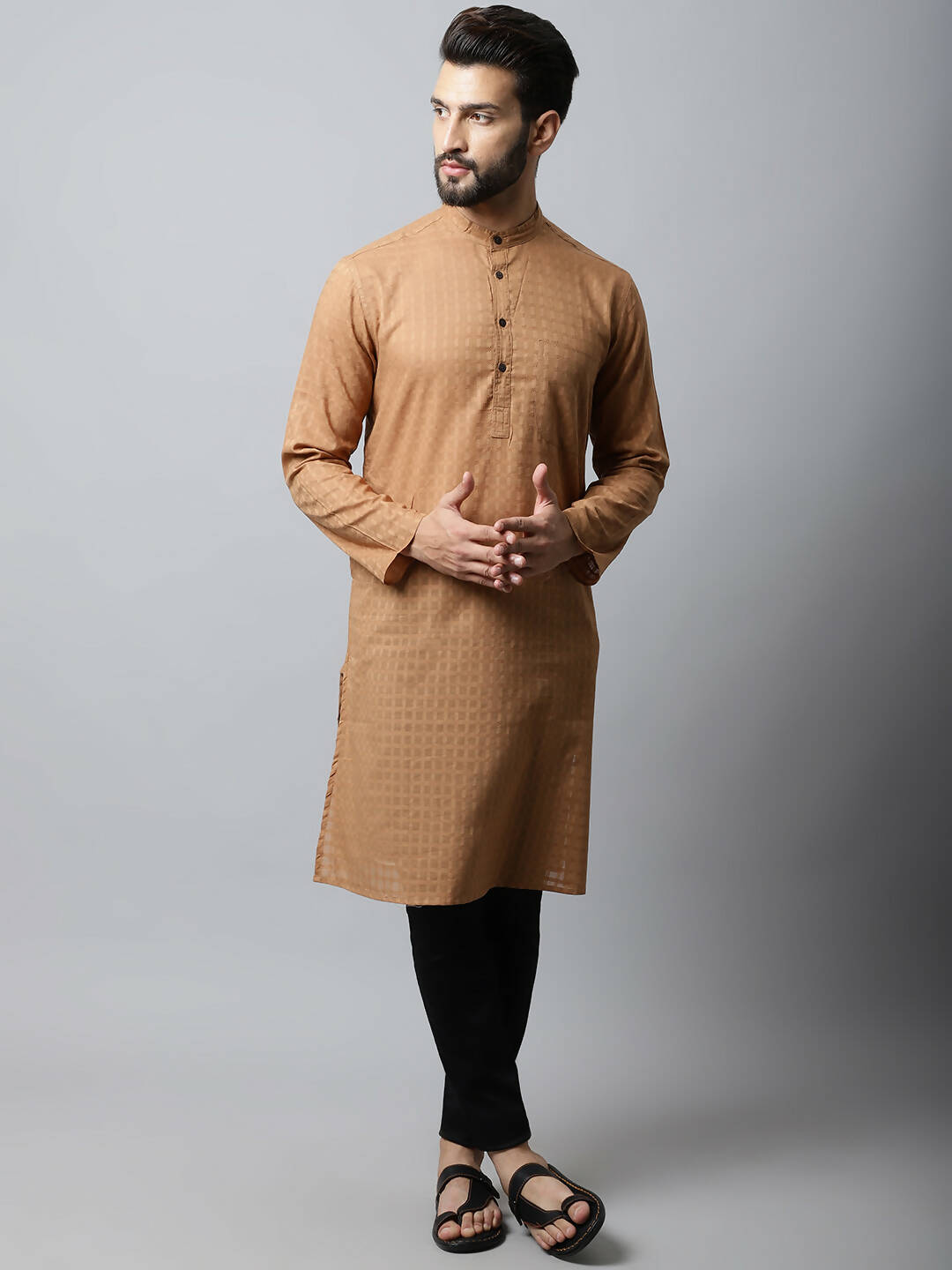 Even Apparels Brown Color Pure Cotton Men's Kurta With Band Collar (CHK1200) - Distacart