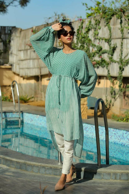 Juniper Women Sagegreen Georgette Bandhani High-Low Tunic - Distacart