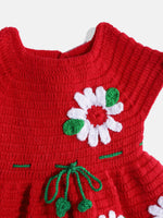 Thumbnail for Chutput Kids Woollen Hand Knitted Short Sleeves Flower Detail Dress - Red - Distacart
