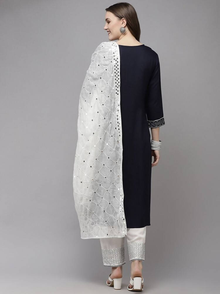 Yufta Women Navy Blue Yoke Design Regular Sequinned Kurta with Palazzo & With Dupatta