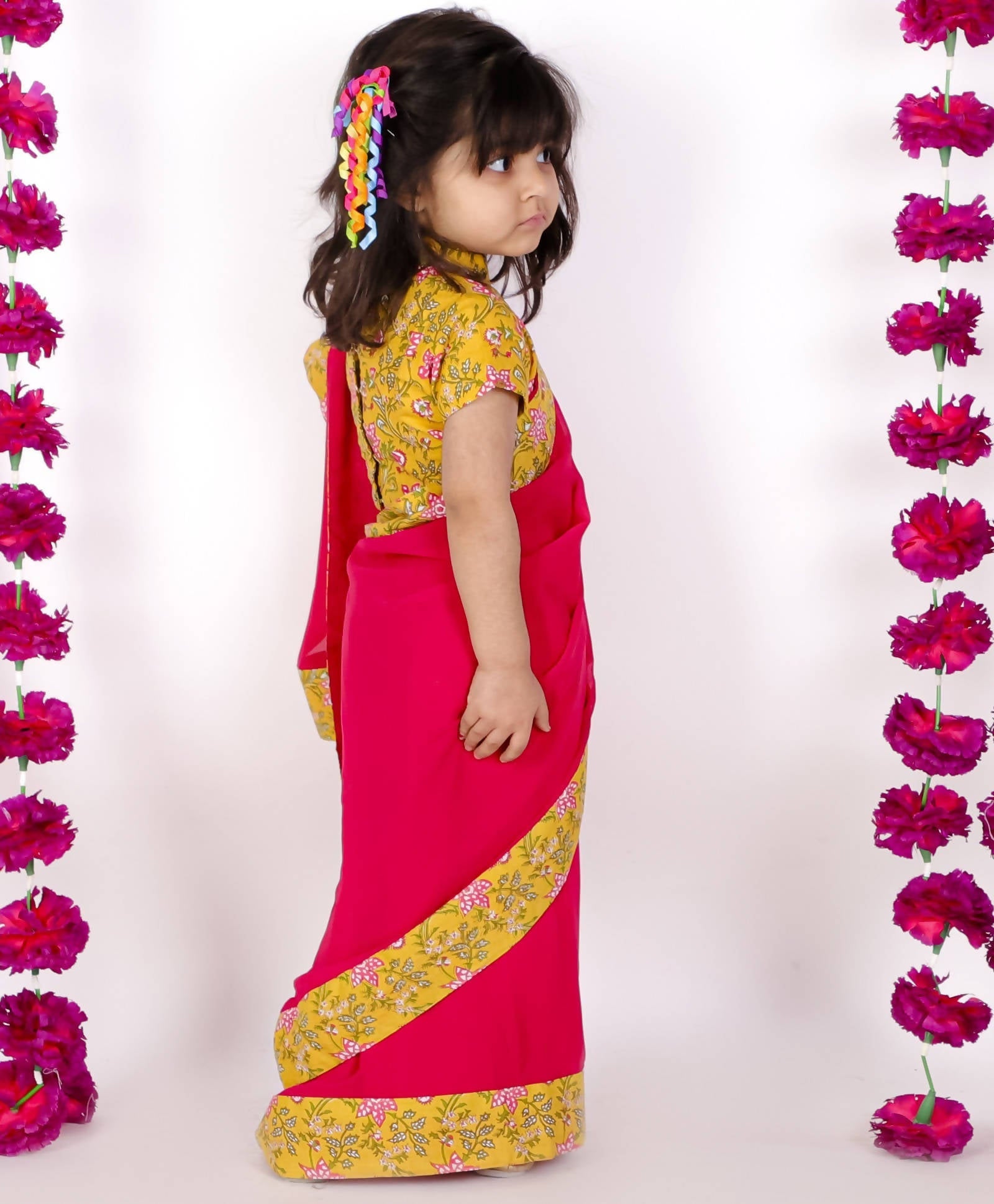 Little Bansi Yellow and Magenta Red Saree with Floral Blouse - Distacart