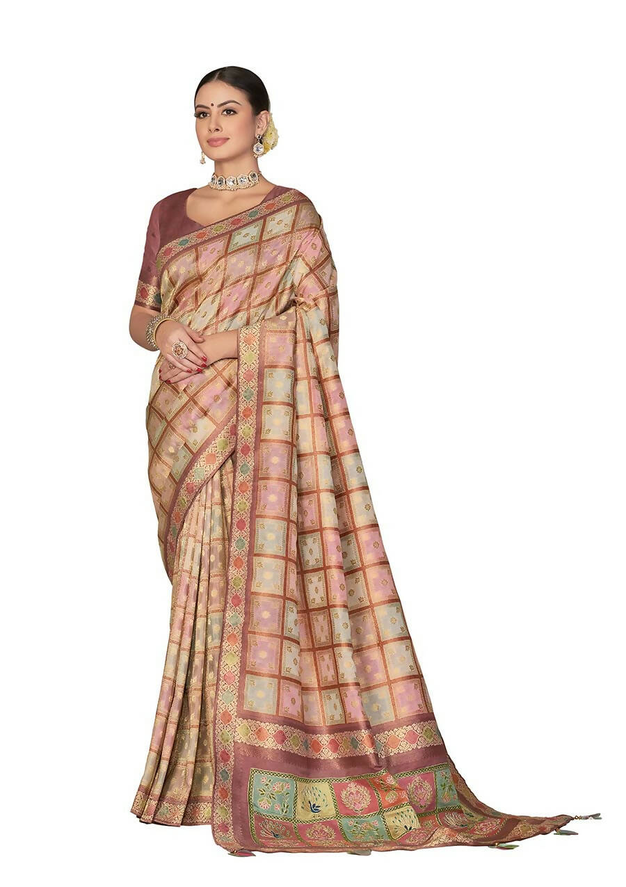 Peach Rangkat Tussar Silk Woven Design Saree with Unstitched Blouse - Mohmanthan Eshani - Distacart