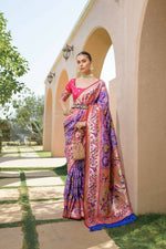 Thumbnail for Vishnu Weaves Women's Purple Paithani Silk Zari Woven Saree with Unstitched Blouse - Distacart