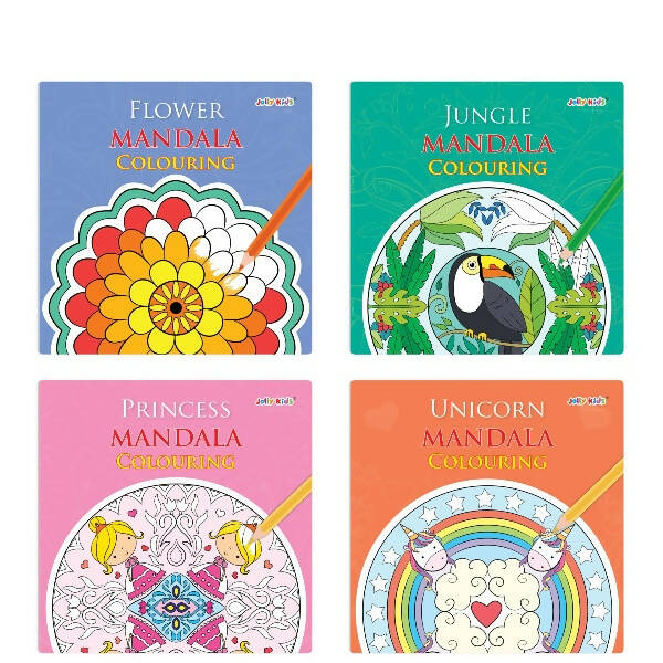 Jolly Kids Mandala Colouring Books Set| Set of 4| Colouring Book: Stress Relieving Designs Flower, Jungle, Princess & Unicorn Colouring Books - Distacart
