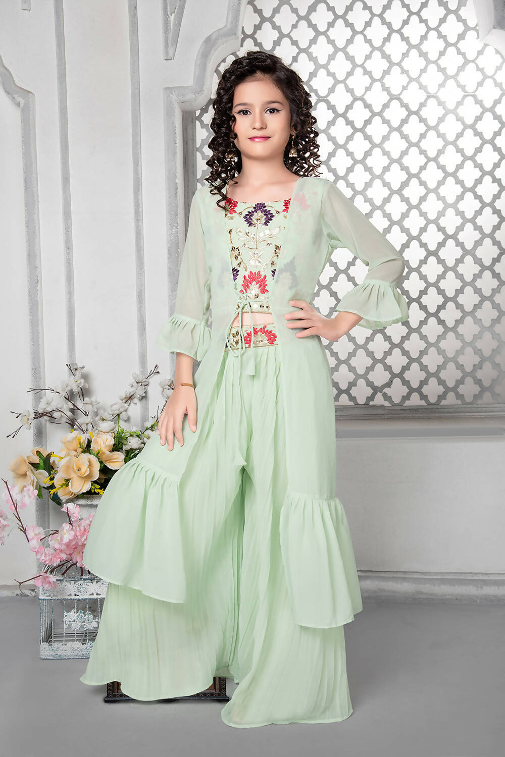 Kids Wedding Designer Aqua Fox Georgette Palazzo Suit - Aaradhna - Distacart