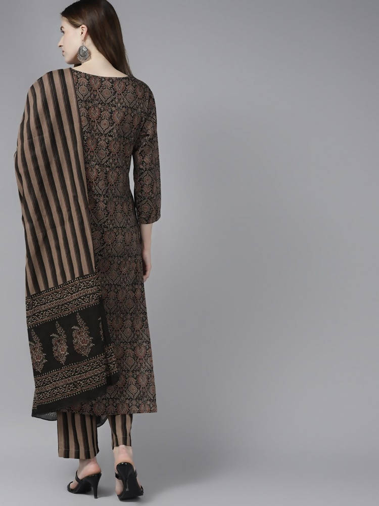 Yufta Women Black Ethnic Motifs Printed Pure Cotton Kurta with Trouser and Dupatta