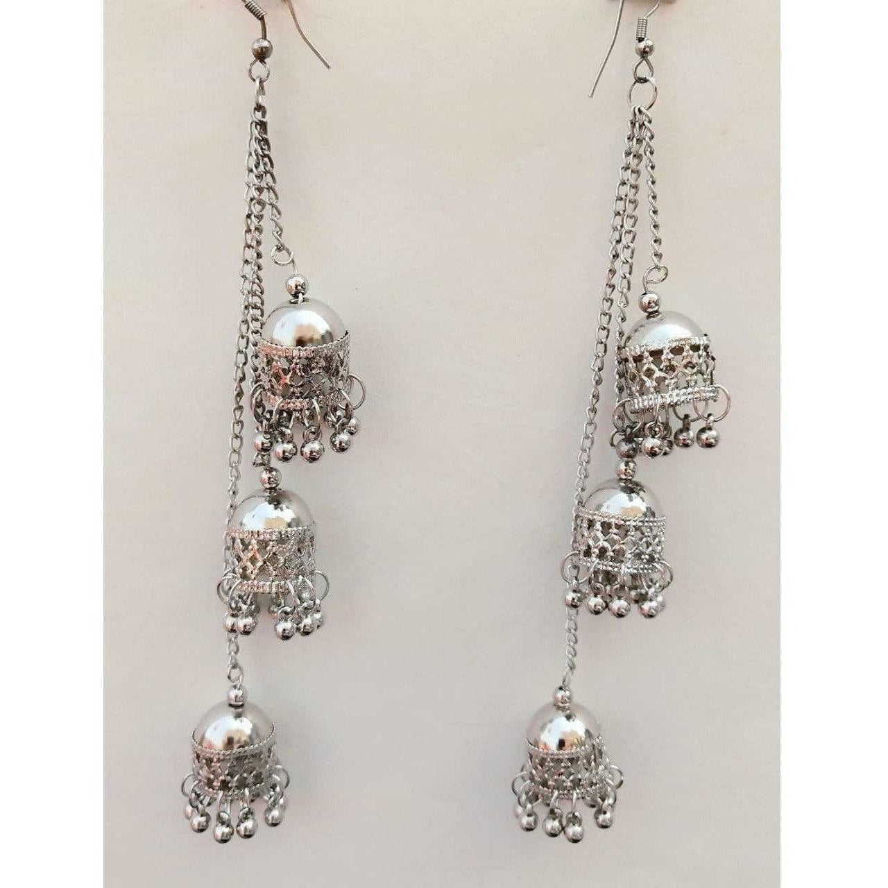 Silver Oxidized Kashmiri Hanging Triple Jhumkas Chain Earrings For Parties