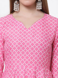 Thumbnail for Myshka Pink Color Cotton Blend Printed Anarkali Kurta With Dupatta