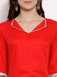 Thumbnail for Myshka Women's Red Cotton 3/4 Sleeve V Neck Solid Casual Anarkali Kurta Dupatta Set
