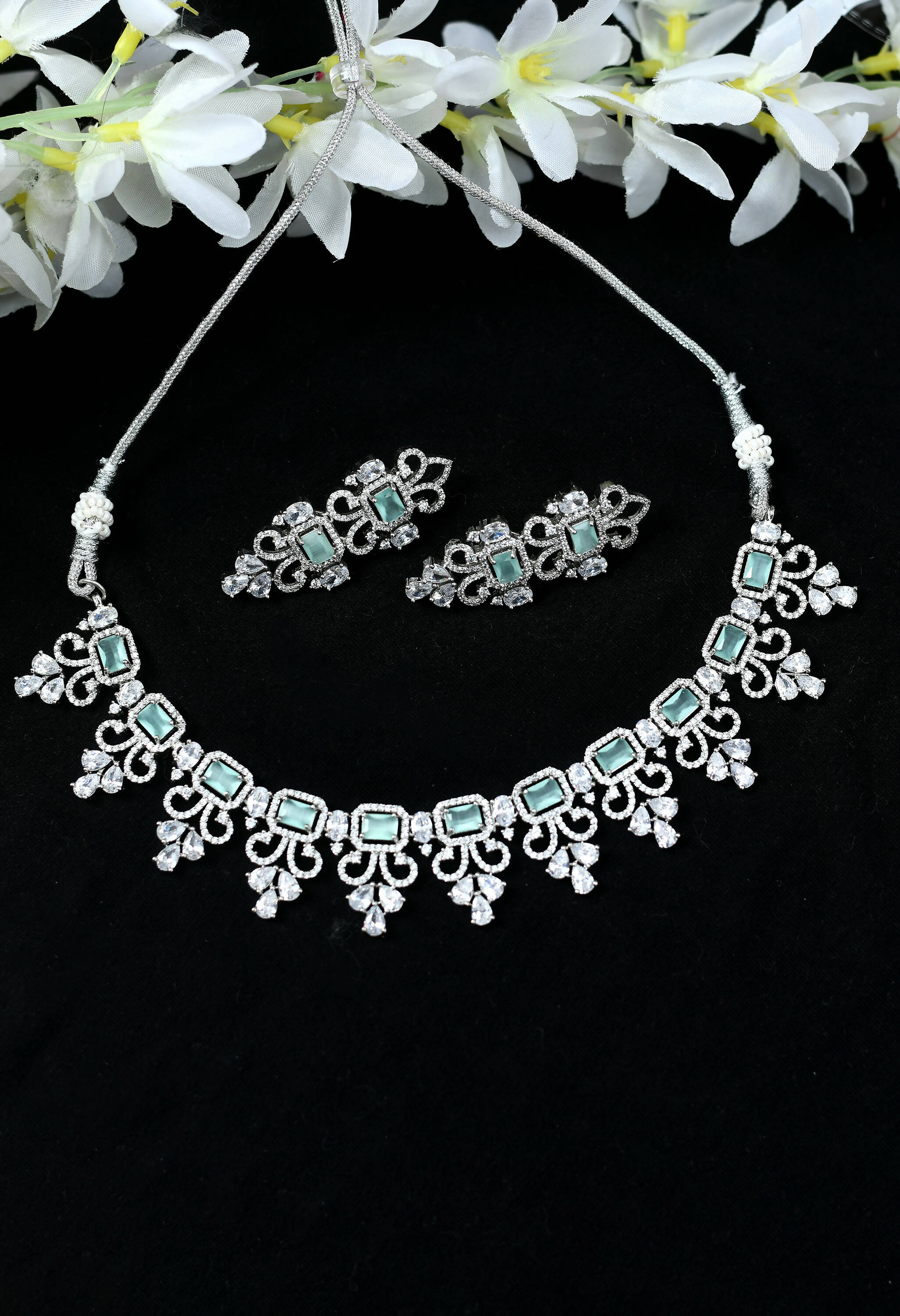 Mominos Fashion Johar Kamal Silver-Plated American Diamond Pista Green Choker Set - Distacart