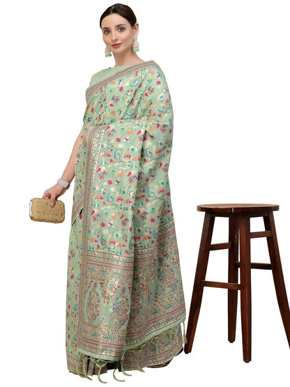 Sea Green Silk Blend Woven Design Saree With Unstitched Blouse Piece - Aloki - Distacart