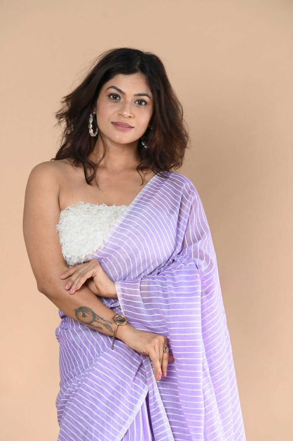 Very Much Indian Designer Pure Cotton Saree With All Over Linear Stripes - Lavender - Distacart